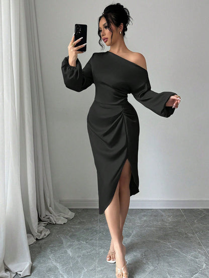 One Shoulder Cold Shoulder Long Sleeve Dress Fitted Waist Pleated Irregular Asymmetric Slit Midi Dress Elegant Evening Dress by Ragazza