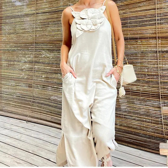 Spring Summer Strap Three Dimensional Floral Strap Cotton Linen Sleeveless Dress for Women