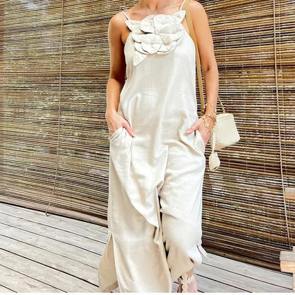 Spring Summer Strap Three Dimensional Floral Strap Cotton Linen Sleeveless Dress for Women