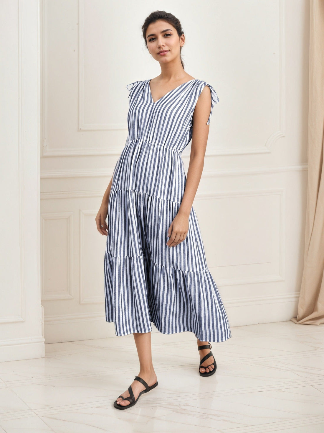 High Grade Blue White Striped Sleeveless Dress Summer off the Shoulder Waist Slimming Dress V neck Casual Dress by Ragazza