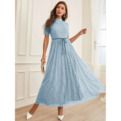 Round Neck Short Sleeve Mesh High Waist Elegant Graceful Dress