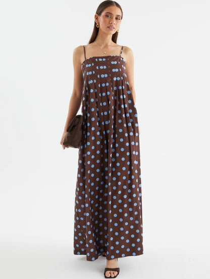 Summer Polka Dot Printed Pleated Craft Sweet Spaghetti Strap Mid Length Dress