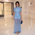 Women Clothing Summer Solid Color Mesh Stitching Short Sleeve Pleated Trailing Slim Fit Maxi Dress by Ragazza