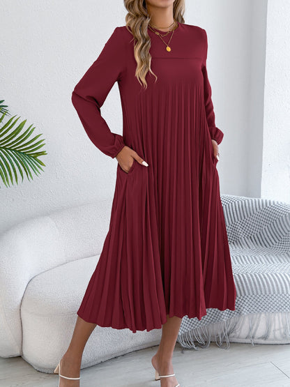 Women Clothing Spring Summer Casual Solid Color Long Sleeve Pocket Pleated Dress（Without Belt）