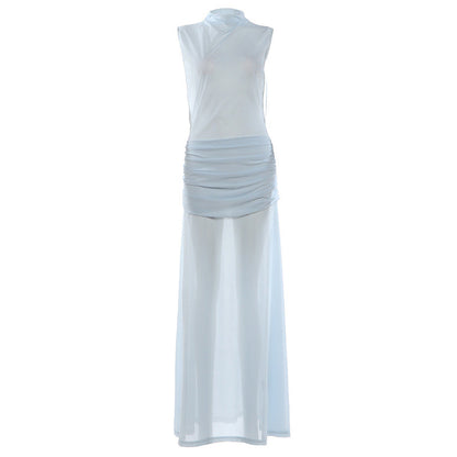 Spring Women Solid Color Slim Fit Elegant Graceful Stand Collar Sleeveless High Waist Sexy Dress by Ragazza