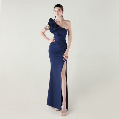 One Shoulder Craft Beading Wave Floral Satin High Slit Sexy Evening Dress Dinner Party Wedding Social