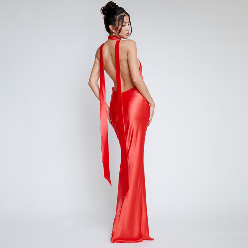 Sexy Solid Color Deep V Plunge neck Halter Lace up Backless Sheath Dress by Ragazza