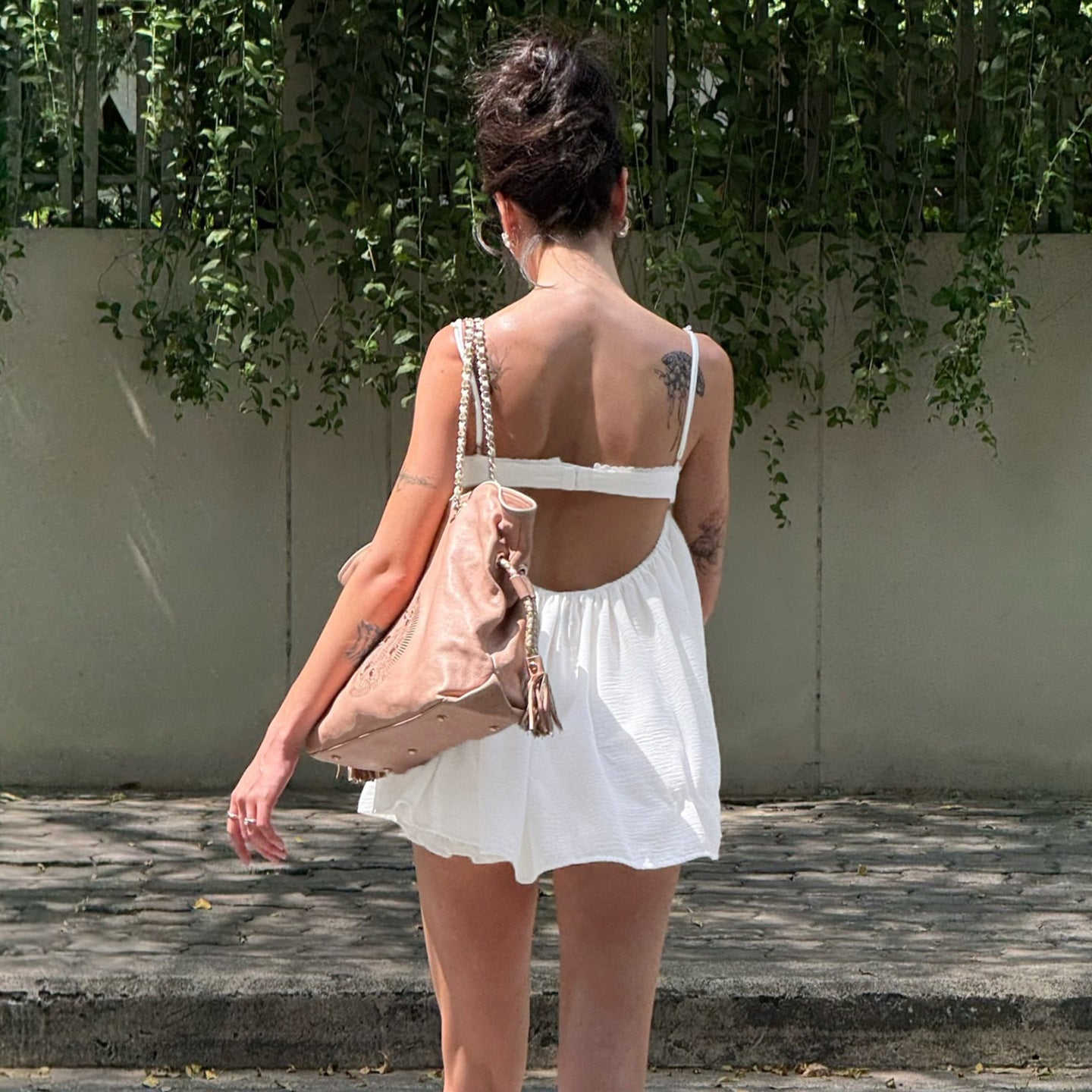 French Lazy Pure Age Reducing Lace Chest Shaped Backless Sling Summer Solid Color Vacation A Swing Dress by Ragazza
