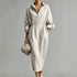 Women Clothing French Linen V neck Shirt Dress Drawstring Waist Trimming Loose Long Slit Dress by Ragazza