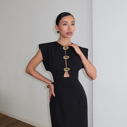 Summer Women Clothing Black Design Tight Waist Hollow Out Cutout Commuting Elegant Dress by Ragazza