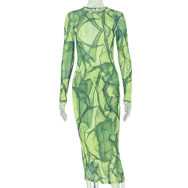 Printed Socialite Women Clothes Waist Vintage Sheath Dress Turtleneck Long Sleeved Green Autumn Winter Dress by Ragazza