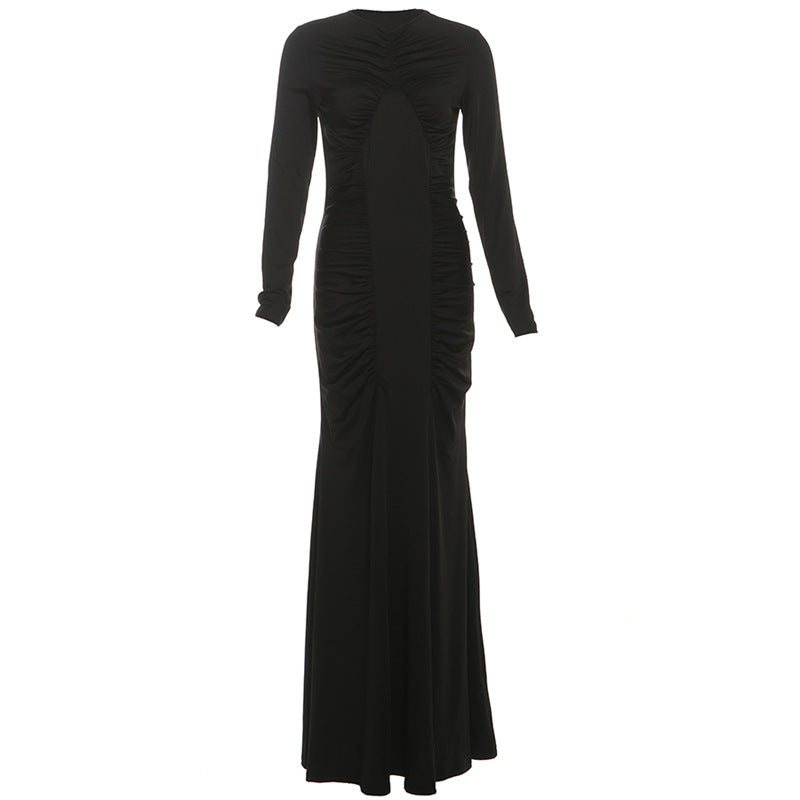 Autumn Women Clothing French Elegant round Neck Long Sleeve Narrow Flattering Dress