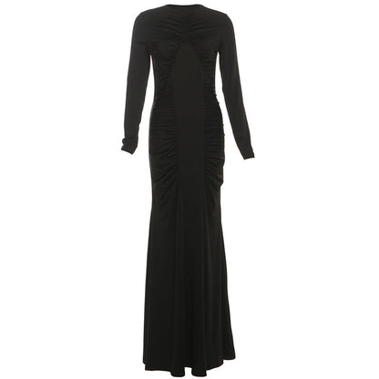 Autumn Women Clothing French Elegant round Neck Long Sleeve Narrow Flattering Dress