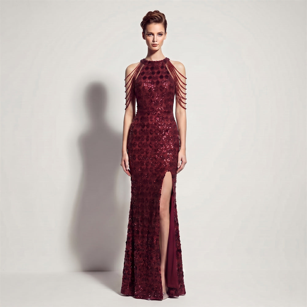 Evening Dress Sequ High Slit Tassel Shoulder Chain Cocktail Party Long Dress by Ragazza