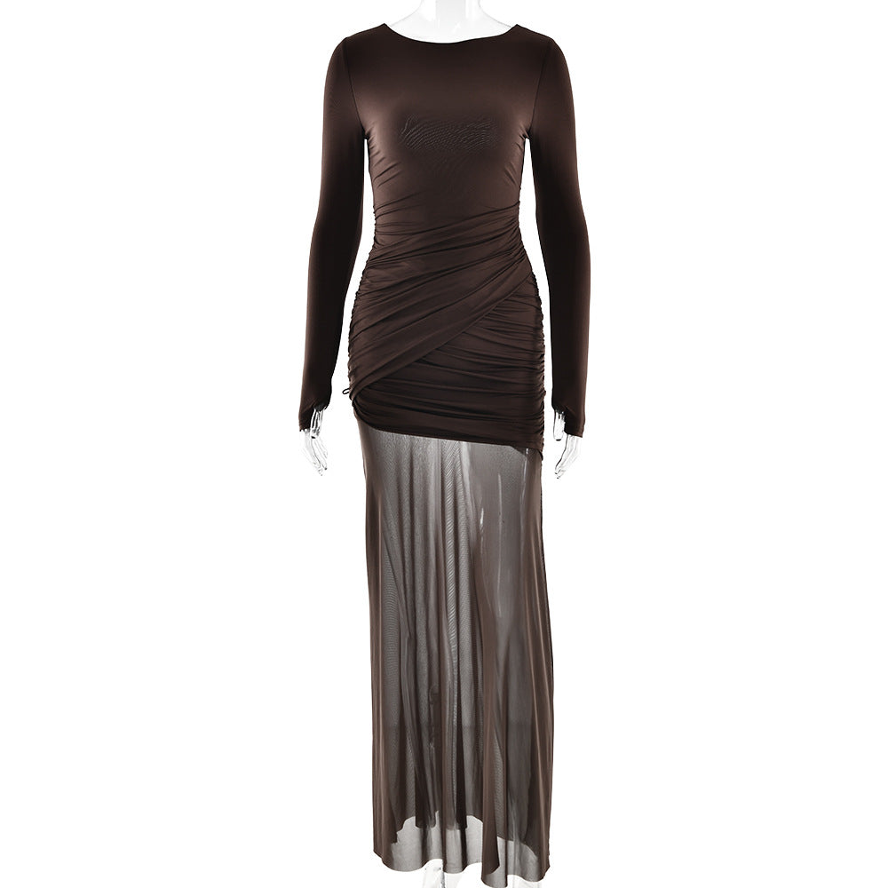 Women Clothing Autumn Winter Voile See through Solid Color Dress Sexy Slim Fit Backless Split Dress by Ragazza