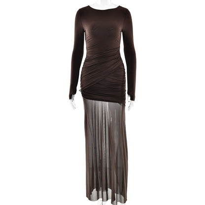Women Clothing Autumn Winter Voile See through Solid Color Dress Sexy Slim Fit Backless Split Dress by Ragazza