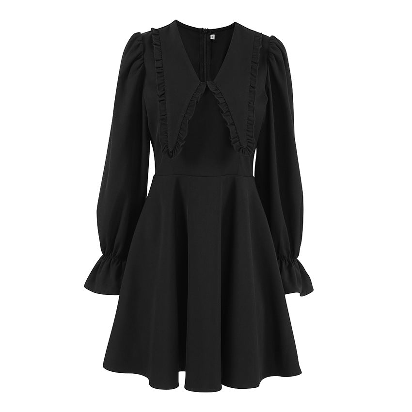 Autumn Winter Black Sexy Design Collared Bell Sleeve French Long Sleeve Dress All Matching Slim Fit Women by Ragazza