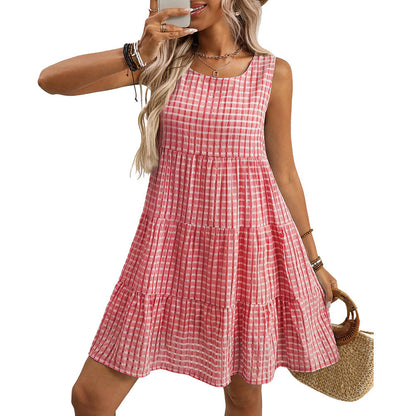 Summer Women Clothing Loose Casual Elegant Sleeveless Plaid Dress