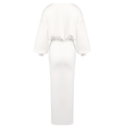 Women White Autumn Winter Extended Slimming High Elastic Maxi Dress Hip Dress Long Sleeve Dress