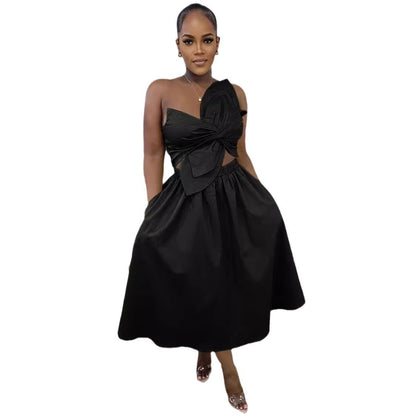 Sexy Solid Color Smocking One Shoulder Petal Hollow Out Cutout out Dress by Ragazza