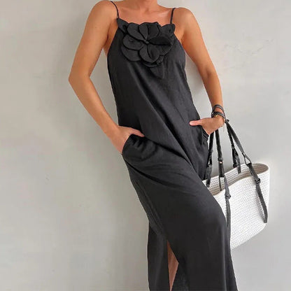 Spring Summer Strap Three Dimensional Floral Strap Cotton Linen Sleeveless Dress for Women