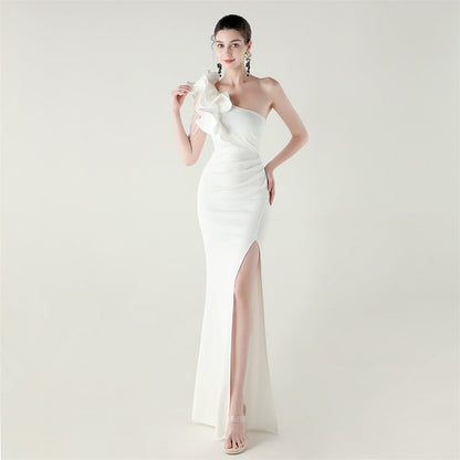 One Shoulder Craft Beading Wave Floral Satin High Slit Sexy Evening Dress Dinner Party Wedding Social