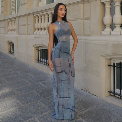 Women Clothing Micro Transparent Sexy Waist Tight Hip round Neck Maxi Dress by Ragazza
