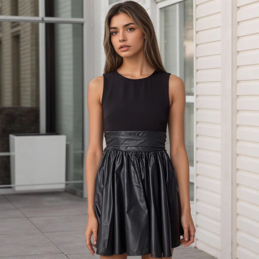 Graceful Fashionable Sleeveless round Collar Design Leather Stitching Dress by Ragazza