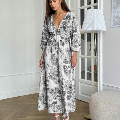 Autumn Elegant V Neck Lantern Sleeve All Matching Printed Lace Up Dress Cotton Linen Women Maxi Dress by Ragazza