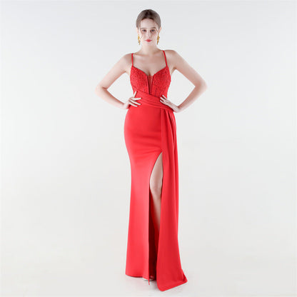 Deep V Plunge Waist Tight High Slit Sequin Embroidered Strap Slim Fit Elegant Evening Dress