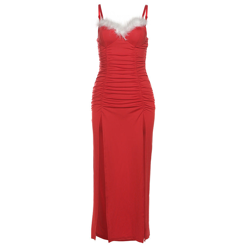 Winter Women Clothing Christmas Atmosphere Ruffled Stitching Ruffle Sexy Slimming Suspender Dress