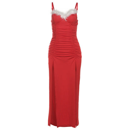 Winter Women Clothing Christmas Atmosphere Ruffled Stitching Ruffle Sexy Slimming Suspender Dress