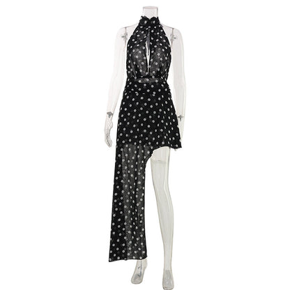 Summer Women Wear Sleeveless Halter Chest Hollow Out Cutout out All Match Polka Dot Irregular Asymmetric Mop Dress Waist Tight Dress by Ragazza
