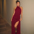 Women Clothing Summer Solid Color Tied Halter Dress Sexy Backless Slit Slim Dress by Ragazza