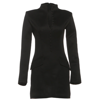 Autumn Winter Women Elegant Sexy Waist Trimming Hip Skirt Solid Color Long Sleeve Dress