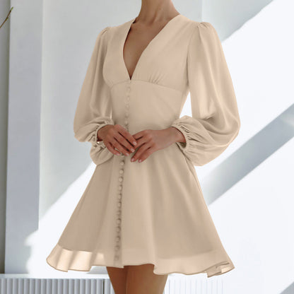 French Chiffon V neck Waist Tight Atmosphere Feeling Tong Qin Dress Autumn Arrival Short by Ragazza
