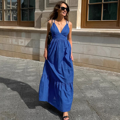 French Vacation Blue Cotton Linen V neck Strap Backless Dress Spring Summer Dress