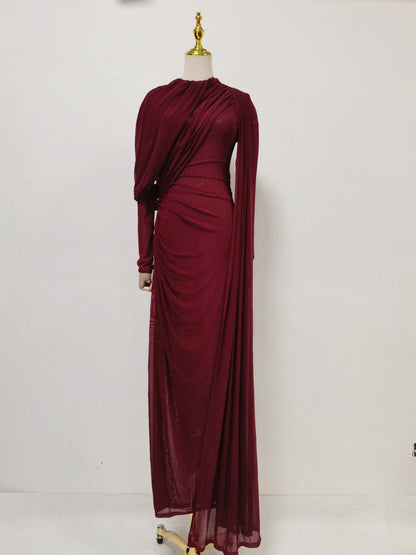 Dinner Light Luxury Formal Dress Autumn round Neck Stitching Pleated Nipped Waist Slimming Dress Women by Ragazza