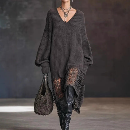 V neck Knitted Dress Irregular Asymmetric Hem Hollow Out Cutout out Loose Dress