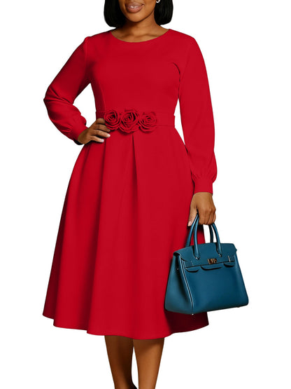 Women Clothing Autumn Winter Dress Solid Color round Neck Floral Swing Dress
