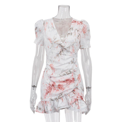 Printed Dress Women Summer V neck Short Sleeve Ruffled Waist Tight Hip Dress by Ragazza