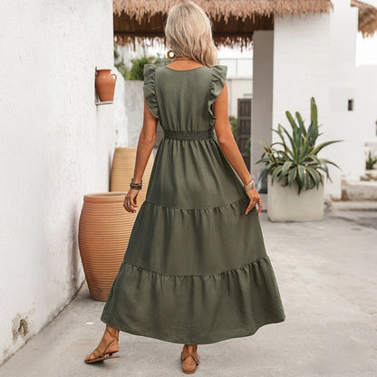 Casual Retro Solid Color Texture Ruffled Split Dress by Ragazza
