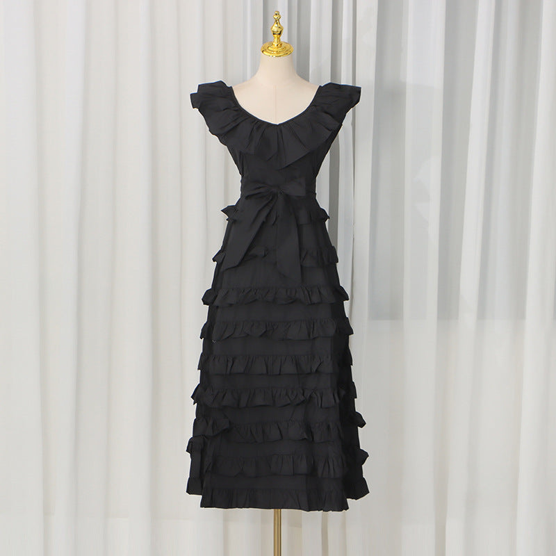 Summer Elegant Retro Flying Sleeves V neck Waist Controlled Slimming Solid Color Tiered Dress Women by Ragazza
