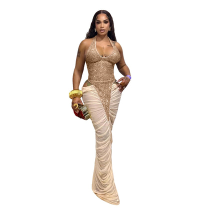 Sexy Elegant Fashionable High Slit Mesh Stitching Ruffle Sequin Halter Neck Gown by Ragazza