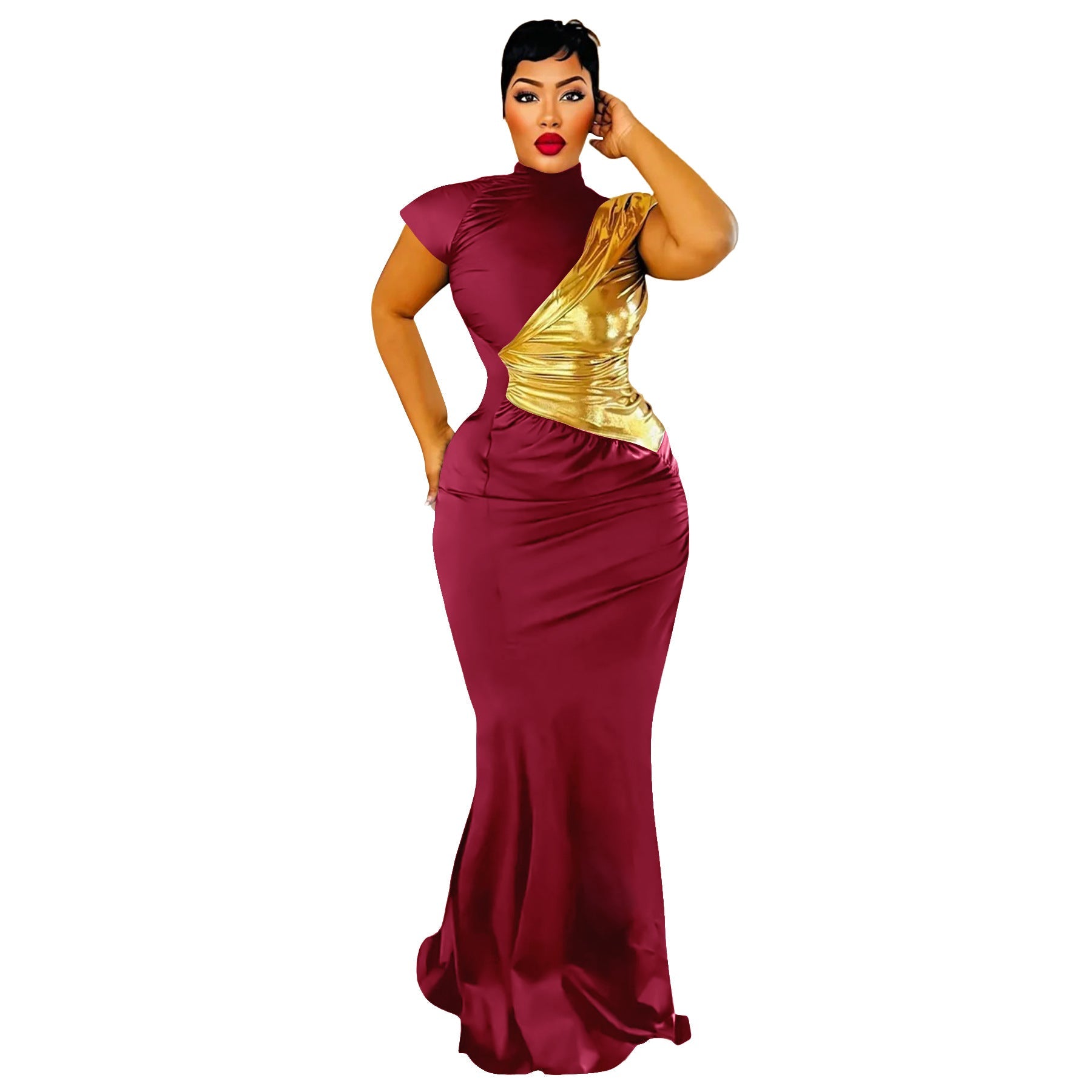 Women Clothing Color Contrast Bronzing Sexy Slim Dress