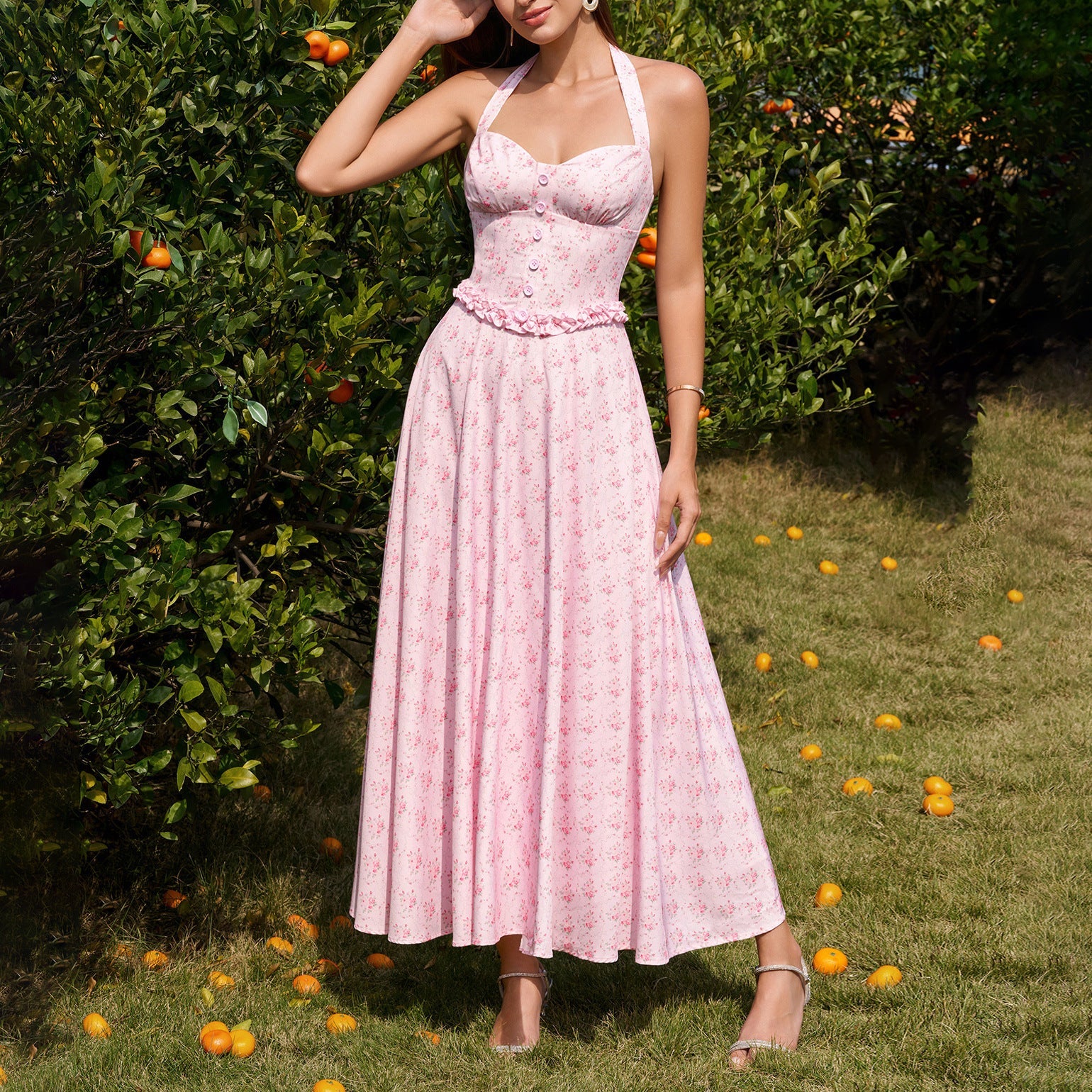 Four Sided Stretch Halter Tied Dress Sexy Backless Smocking Waist Slimming Wooden Ear Dress by Ragazza