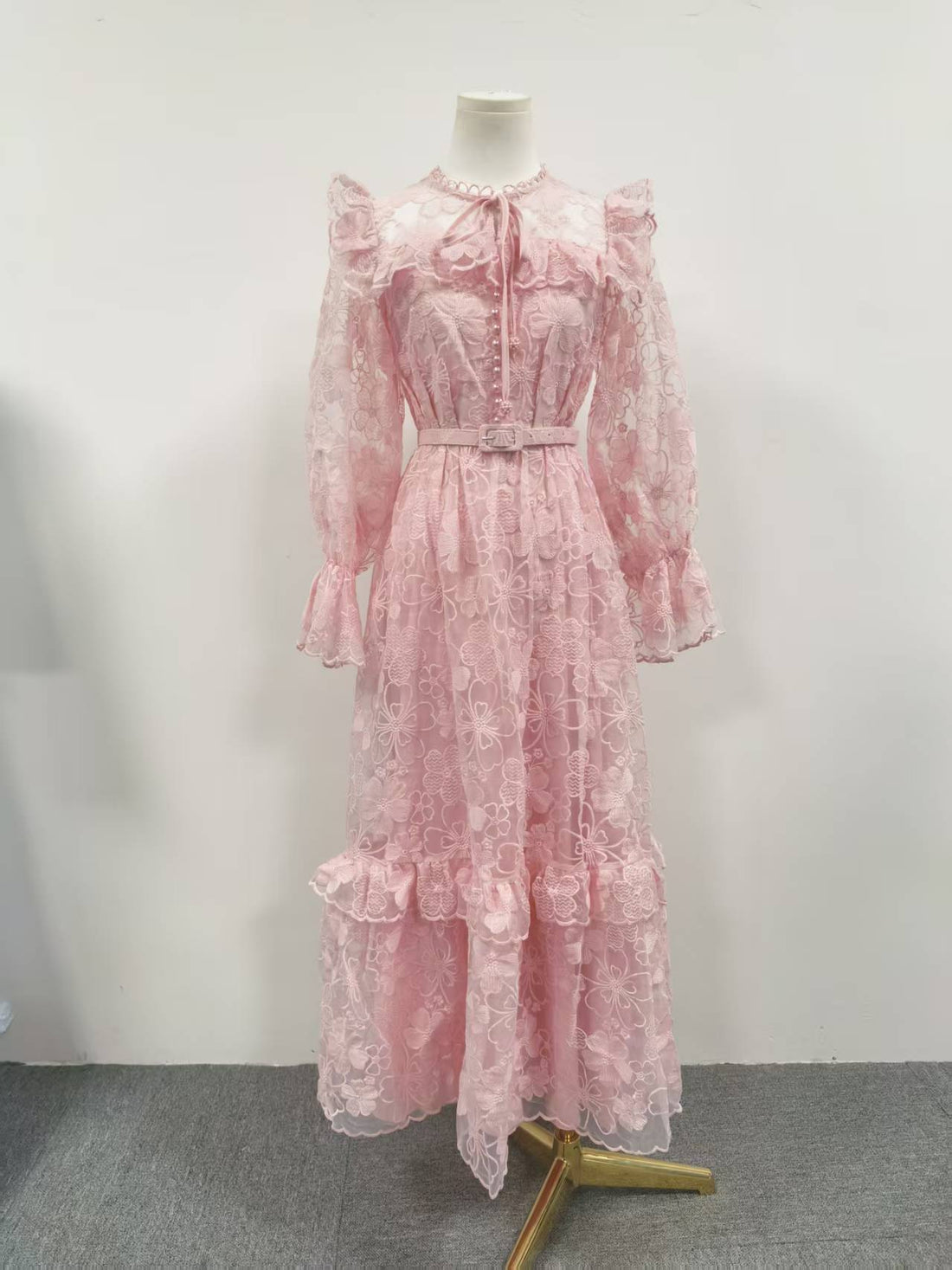 Summer Elegant Retro Lace Belt Lantern Sleeve Slim Slimming High Waist Dress Women by Ragazza