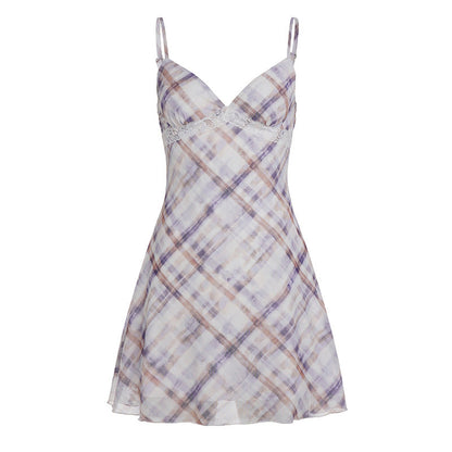 Plaid Lace Bow V neck Adjustable Strap Dress High Waist A line Summer by Ragazza