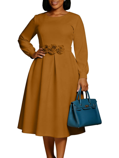 Women Clothing Autumn Winter Dress Solid Color round Neck Floral Swing Dress