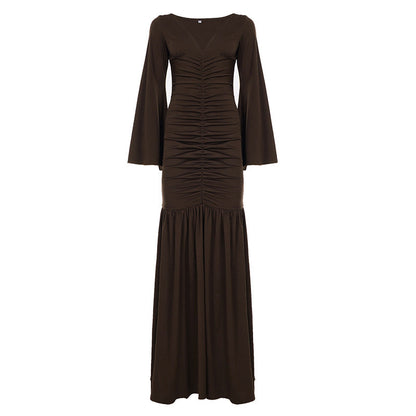 Elegant Deep V Plunge neck Pleated Mesh Patchwork Flared Sleeves Cocktail Dress Mop Formal Dress